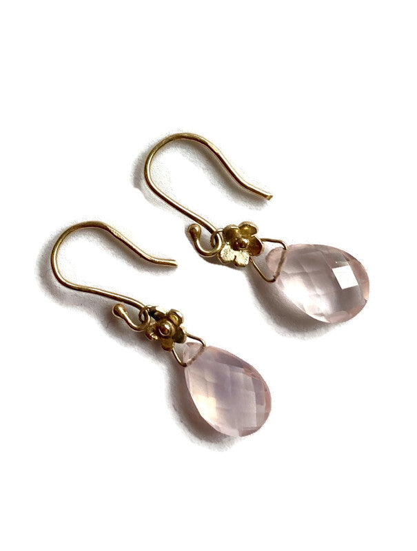 Kim Styles gold floral daisy earrings with rose quartz briolette drops, on a white background
