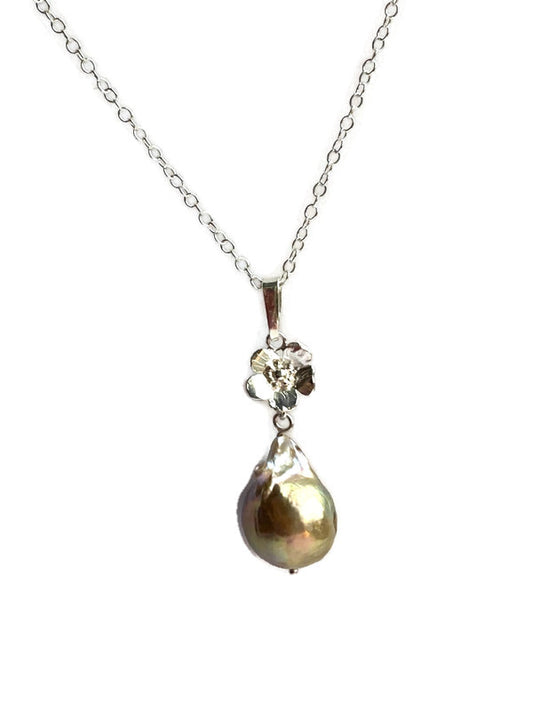 Golden Baroque Pearl floral Pendant, Matching Earrings Available