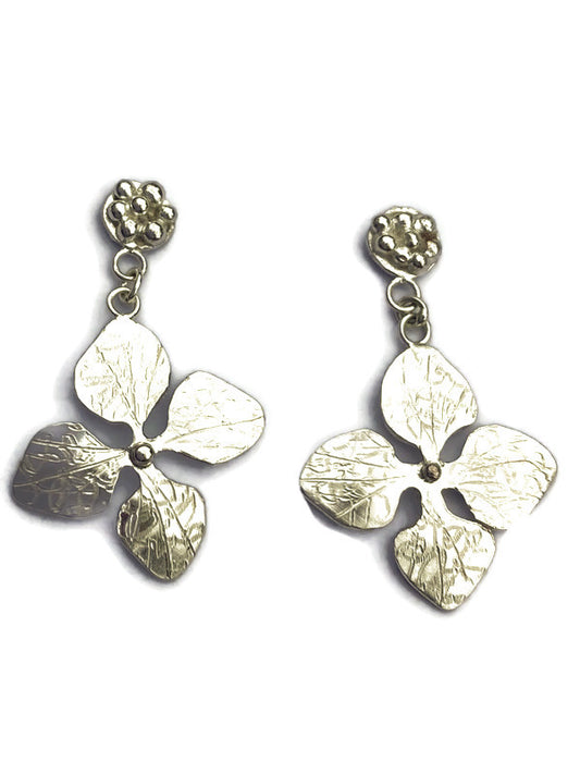 Pair of hydrangea petal floral drop earrings with stud fitting by Kim Styles