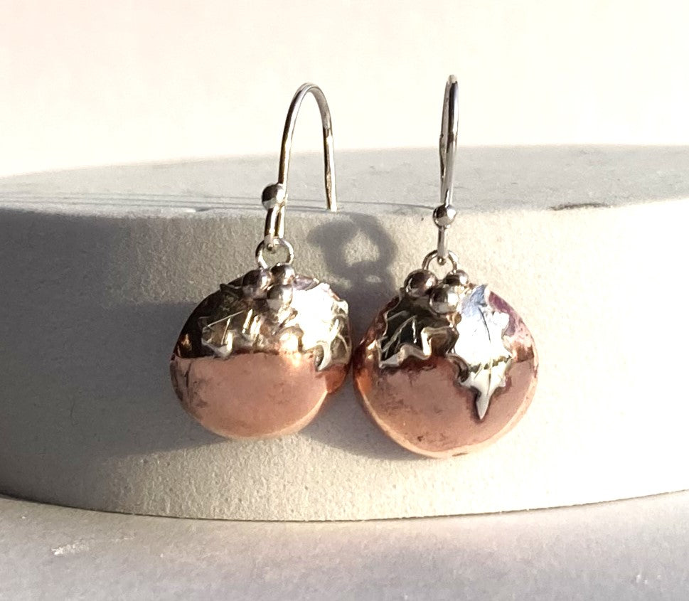 Kim Styles fun festive theme Christmas pudding drop earrings in silver and copper, on white block