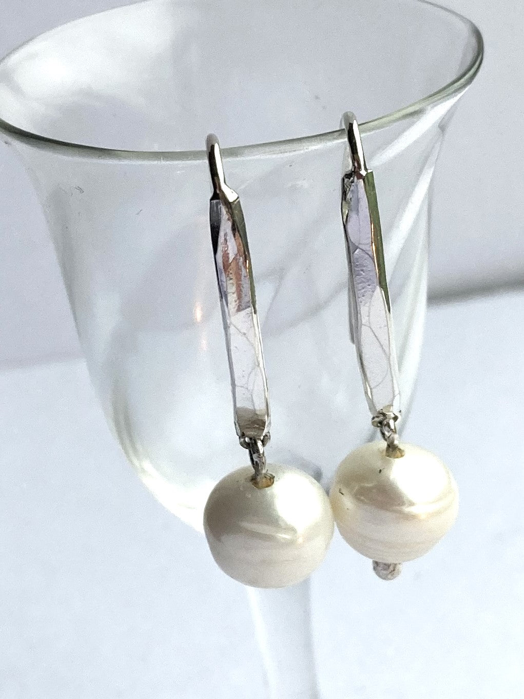 White Pearl and Hammer Texture Bar Dangle Earrings in Sterling Silver