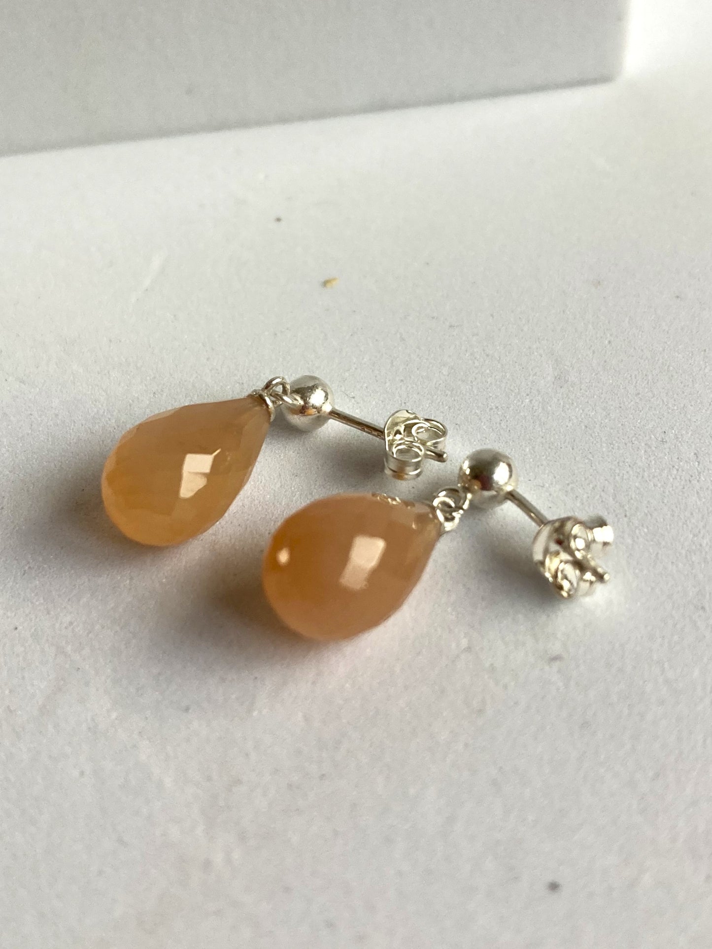 Peach Moonstone Briolette Drop Stud Earrings