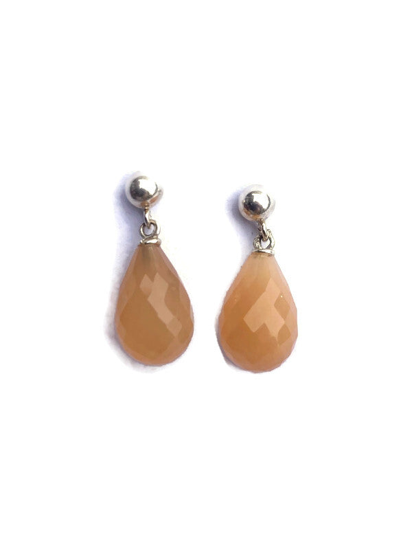 Peach Moonstone Briolette Drop Stud Earrings