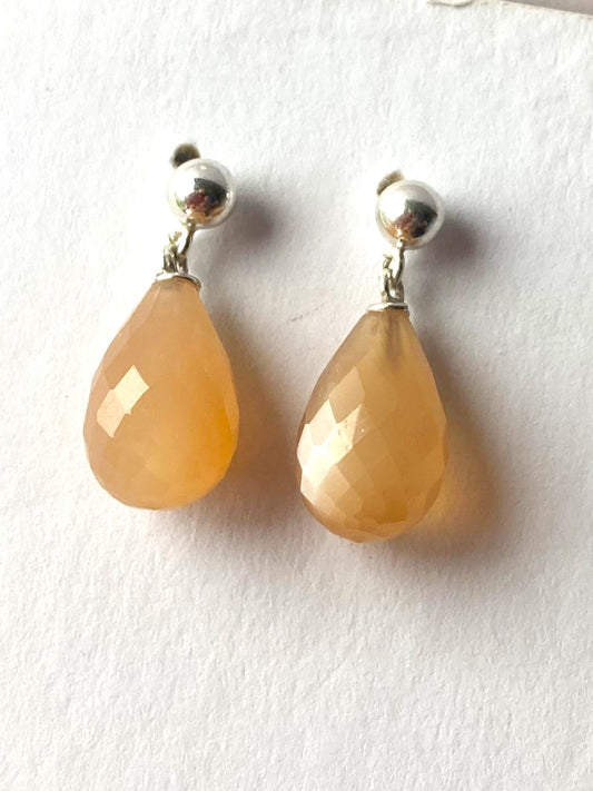 Kim Styles chequerboard peach moonstone briolette drop earrings on white background