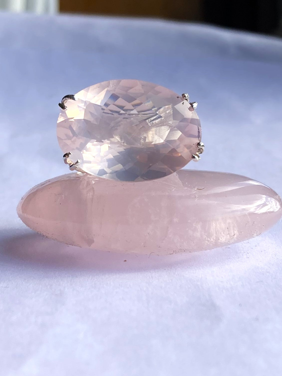 Fabulous Chequerboard Cut Rose Quartz Cocktail Ring with Leaf Details