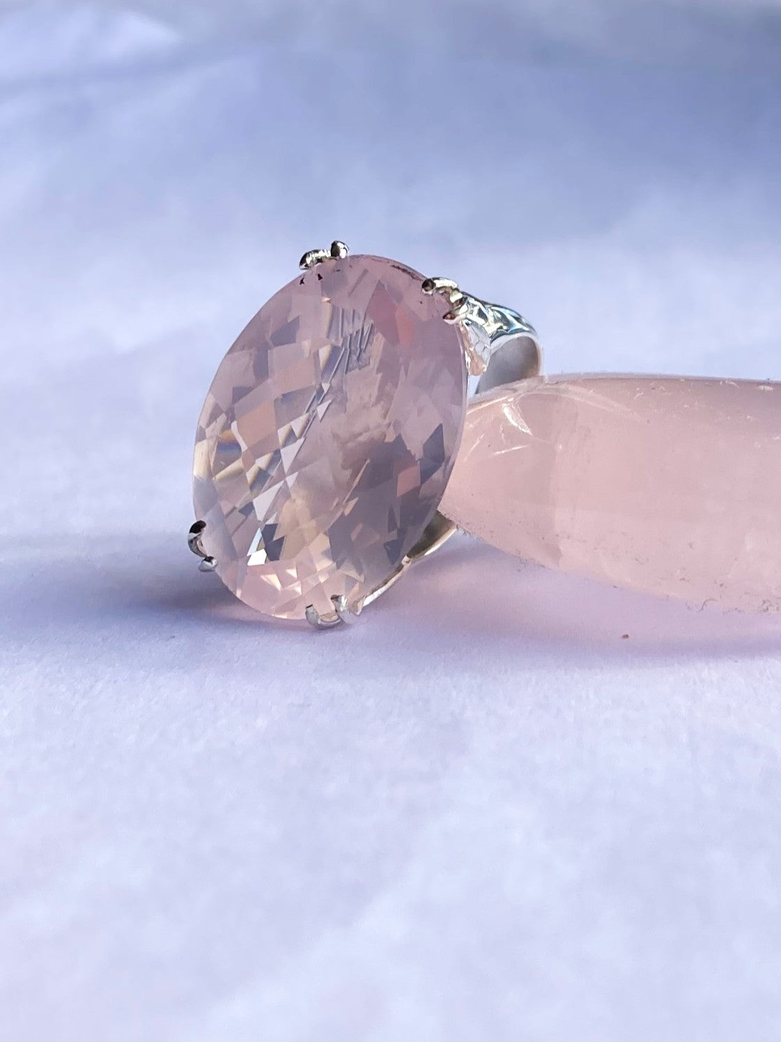 Fabulous Chequerboard Cut Rose Quartz Cocktail Ring with Leaf Details