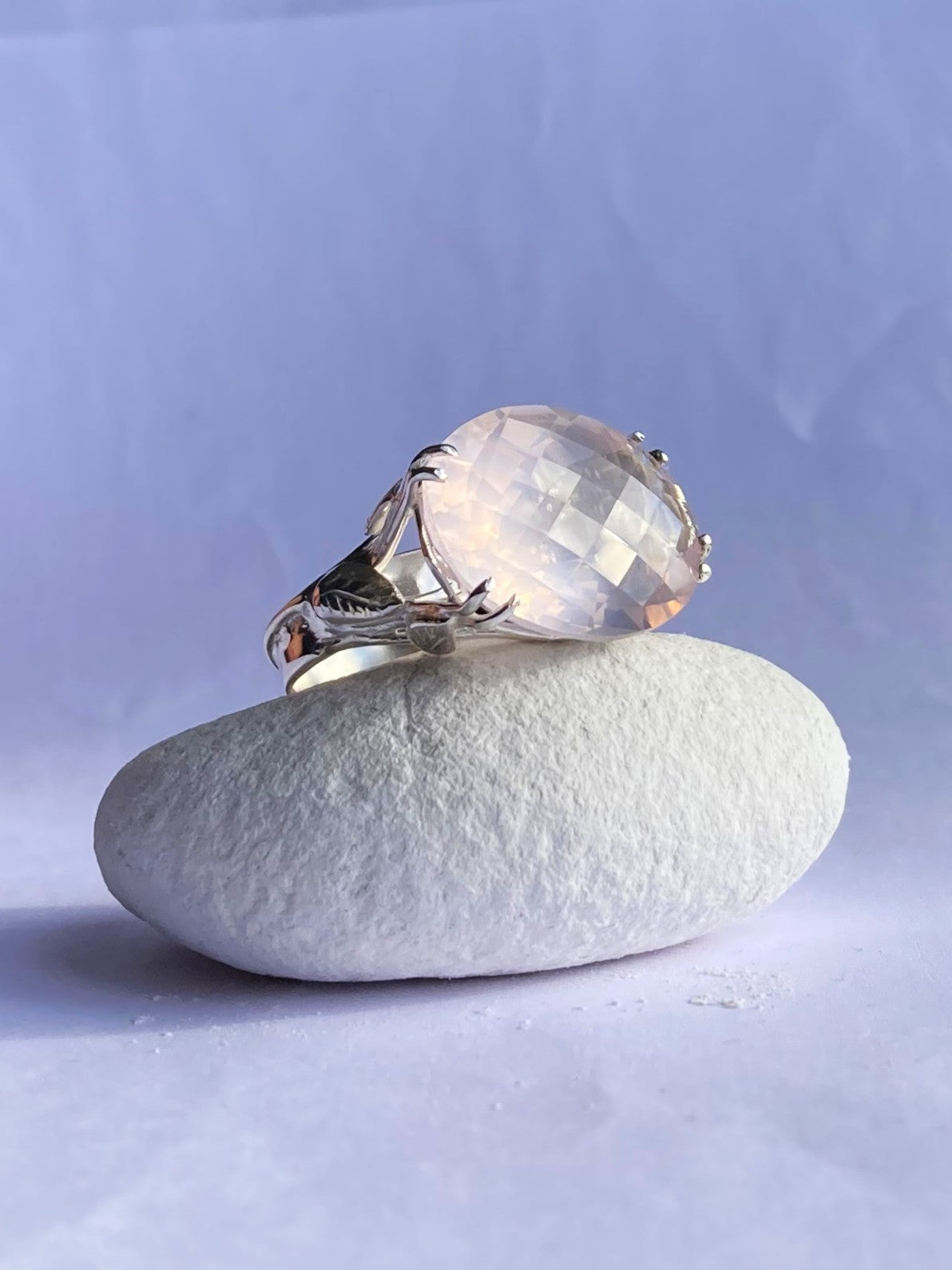 Fabulous Chequerboard Cut Rose Quartz Cocktail Ring with Leaf Details