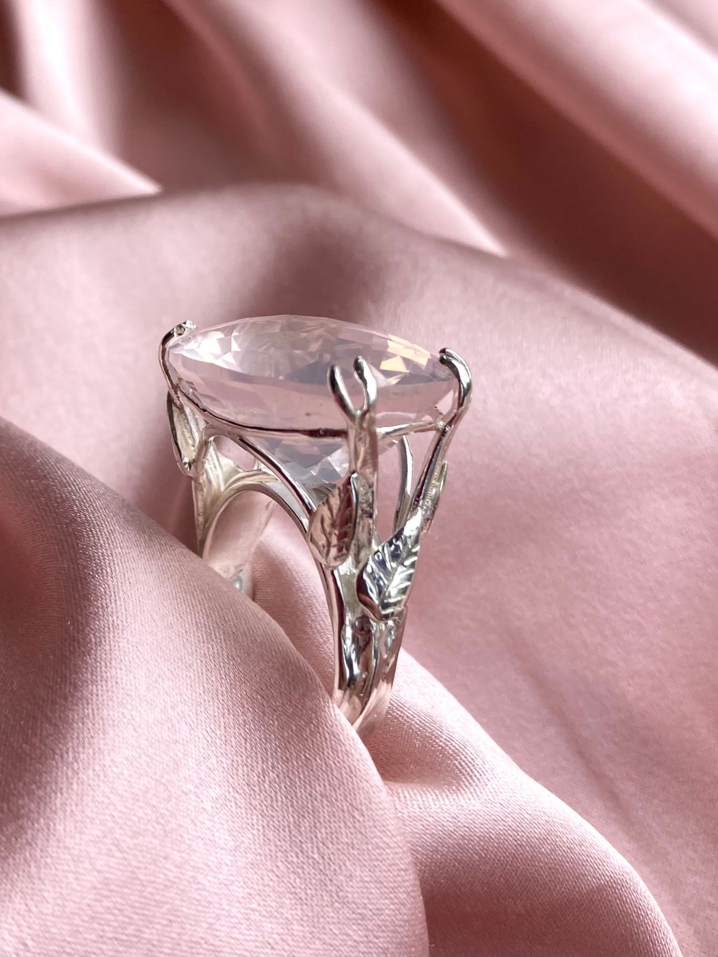 Fabulous Chequerboard Cut Rose Quartz Cocktail Ring with Leaf Details