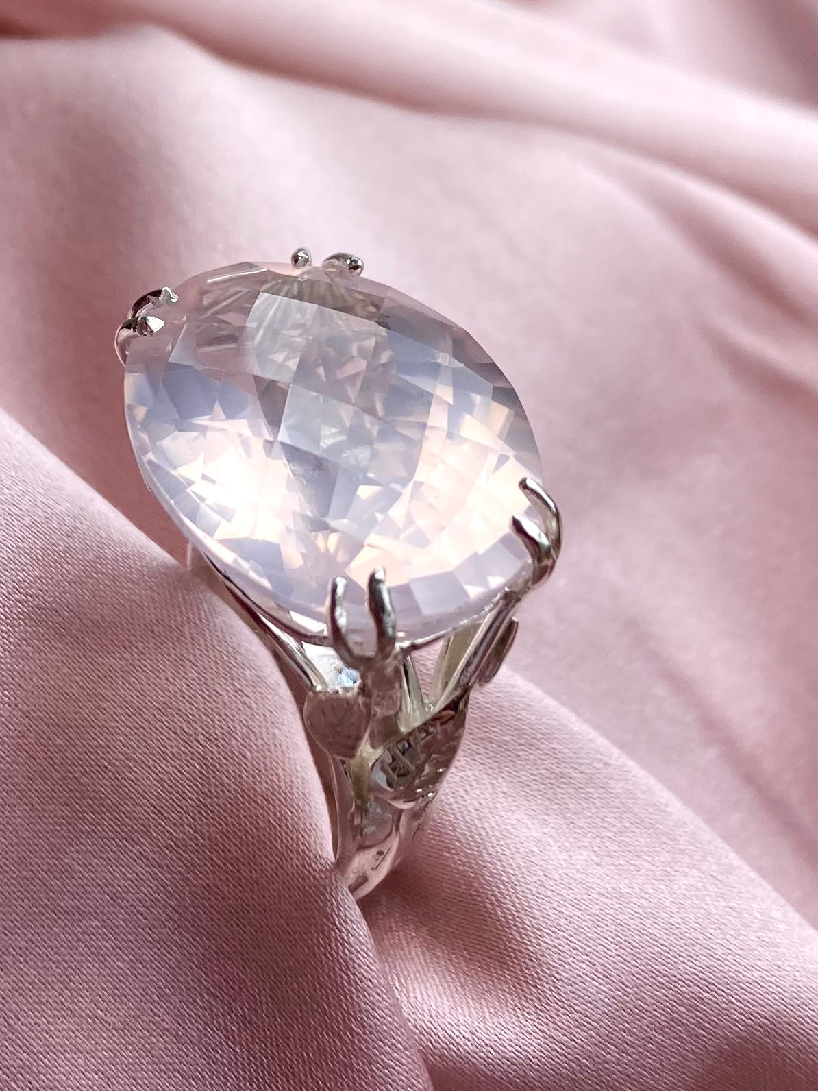 Fabulous Chequerboard Cut Rose Quartz Cocktail Ring with Leaf Details