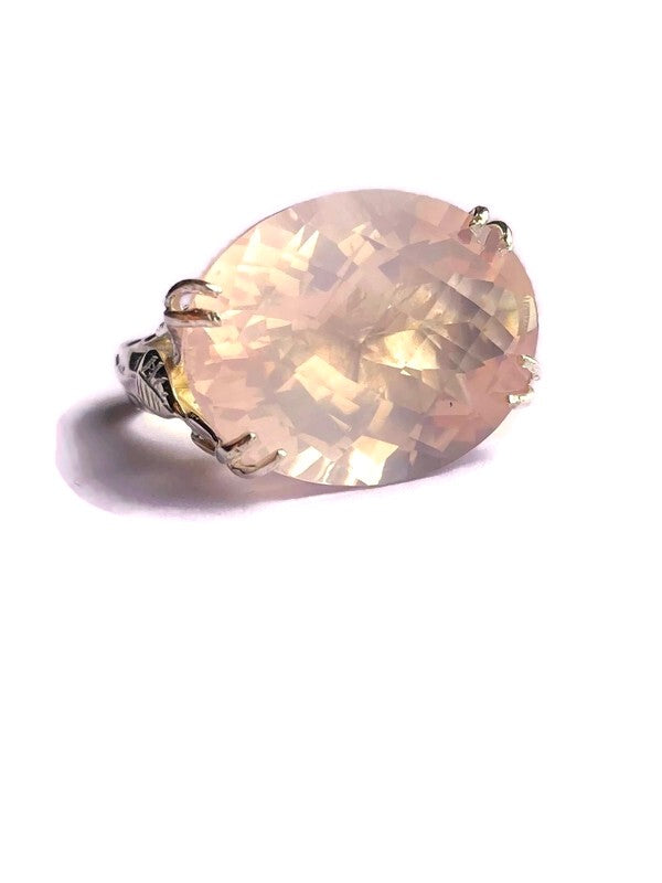 Fabulous Chequerboard Cut Rose Quartz Cocktail Ring with Leaf Details
