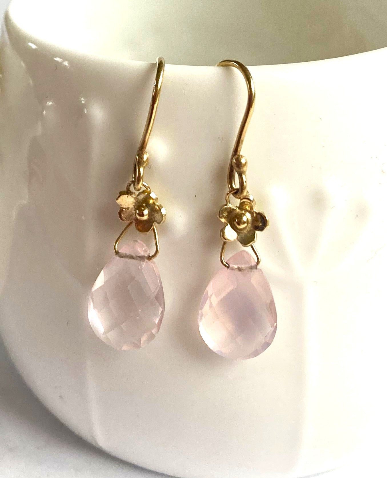 Gold Rose Quartz Briolette Floral Daisy Drop Earrings