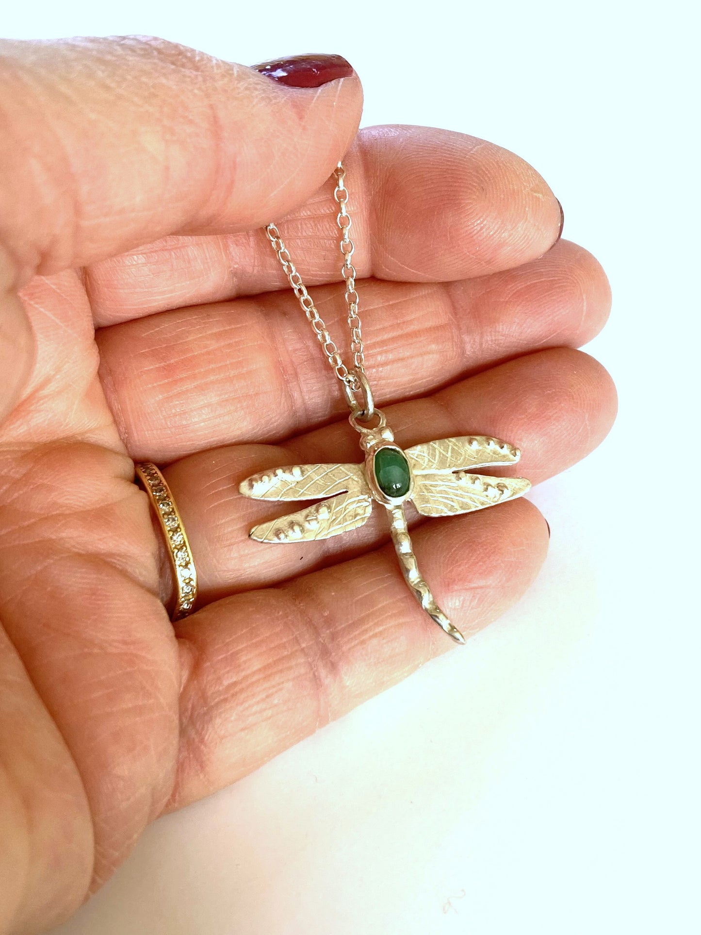 Sterling Silver Emerald Cabochon Set Dragonfly Pendant