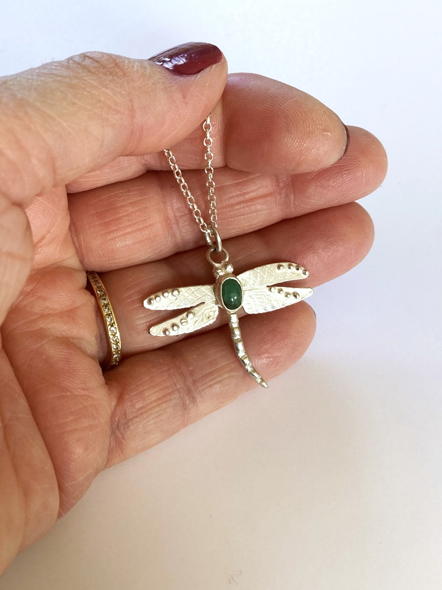 Sterling Silver Emerald Cabochon Set Dragonfly Pendant