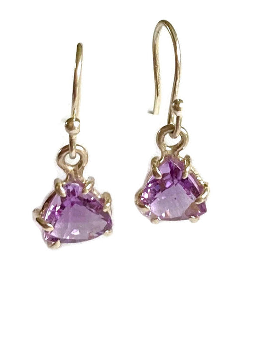 Kim Styles hand made amethyst trillion earrings on a white background