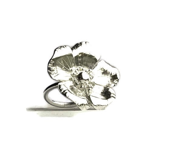 Large silver apple blossom flower ring by Kim Styles Jewellery on a white background