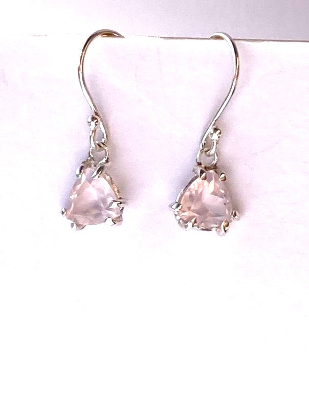 Kim Styles pair of pink gemstone trillion prong set drop earrings on white background