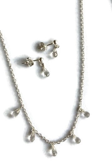 Kim Styles silver and white topaz briolette necklace and earrings set on a white background