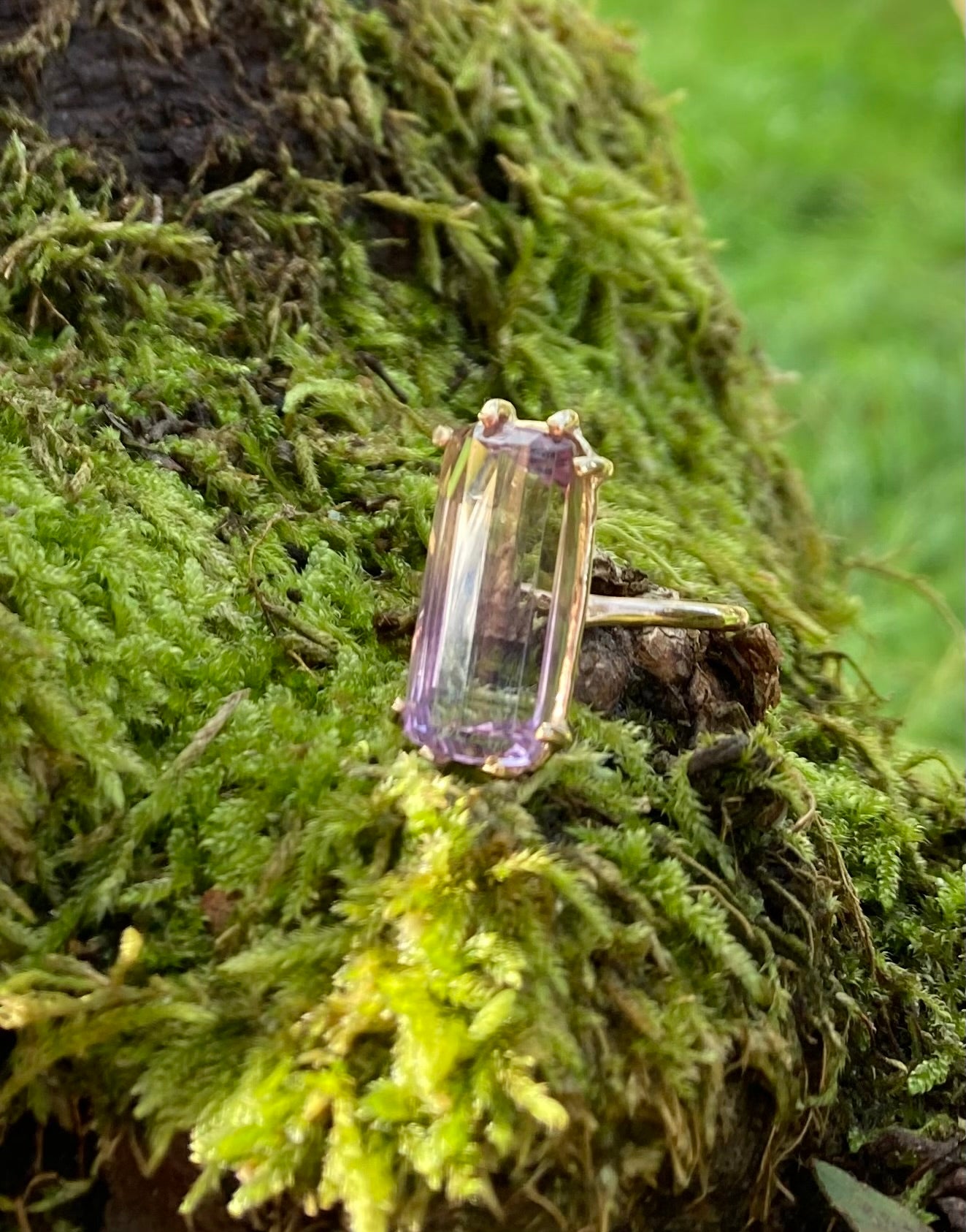 oblong ametrine yellow and purple gemstone gold ring in moss