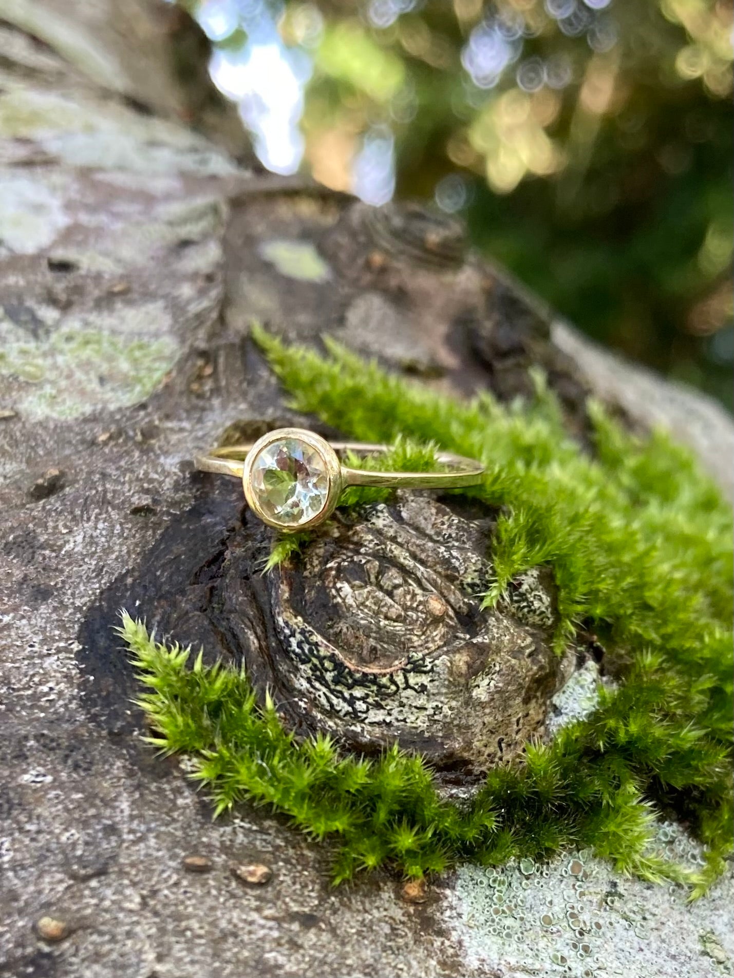 18ct yellow gold slim band ring set with round pale green beryl in rub over setting, on mossy tree