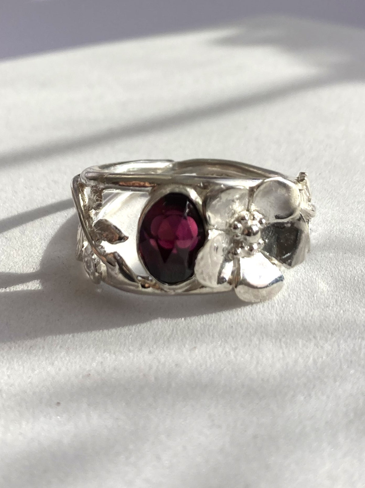 Greenwood Collection Asymmetric Garnet and Wild Rose Floral Cocktail Ring