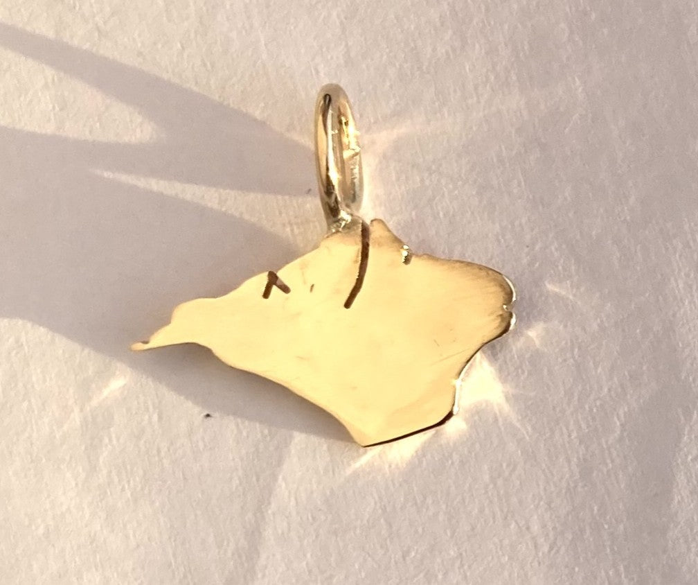 Gold pendant of the Isle of Wight on a light grey background