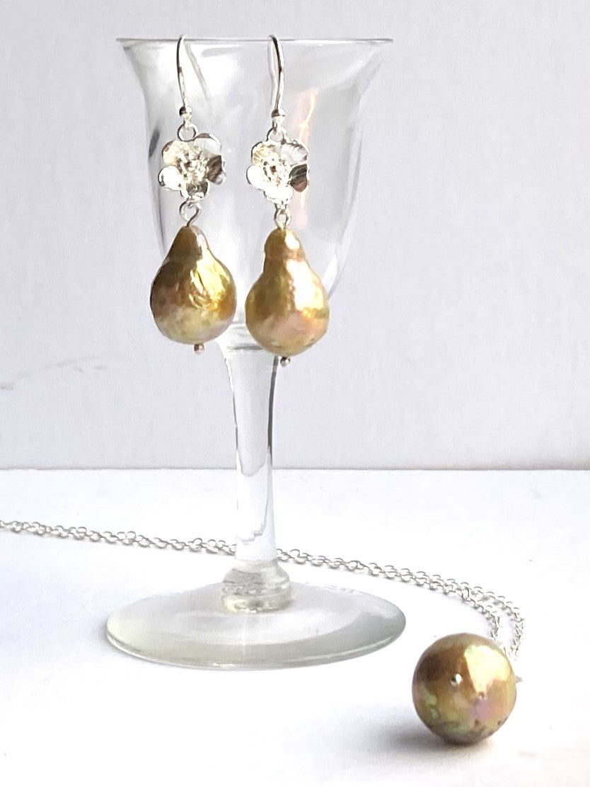 Golden Baroque Pearl Floral Drop Statement Earrings