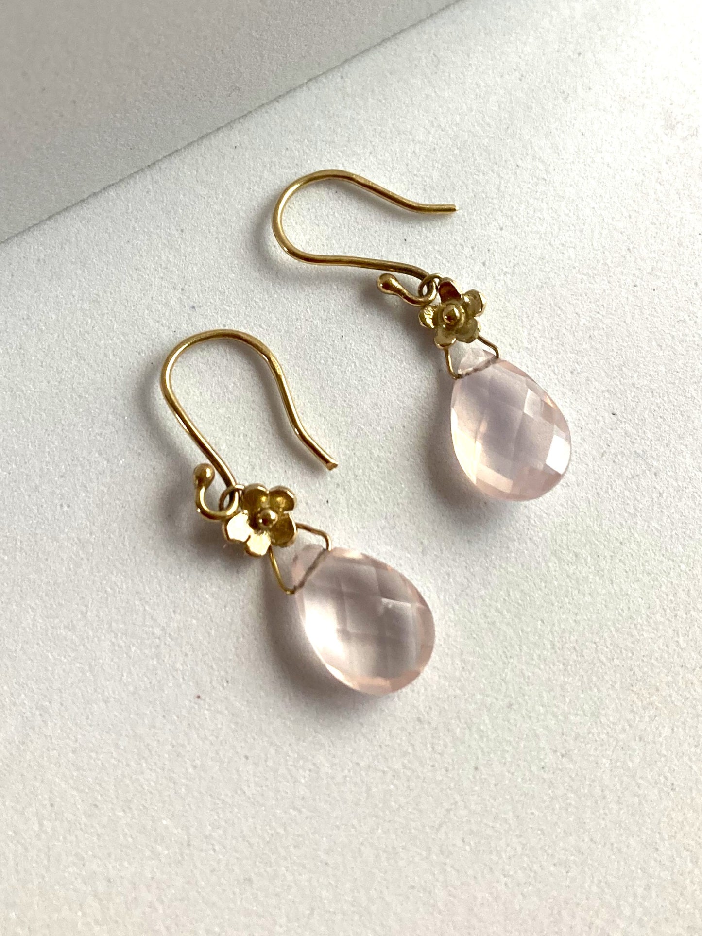 Gold Rose Quartz Briolette Floral Daisy Drop Earrings