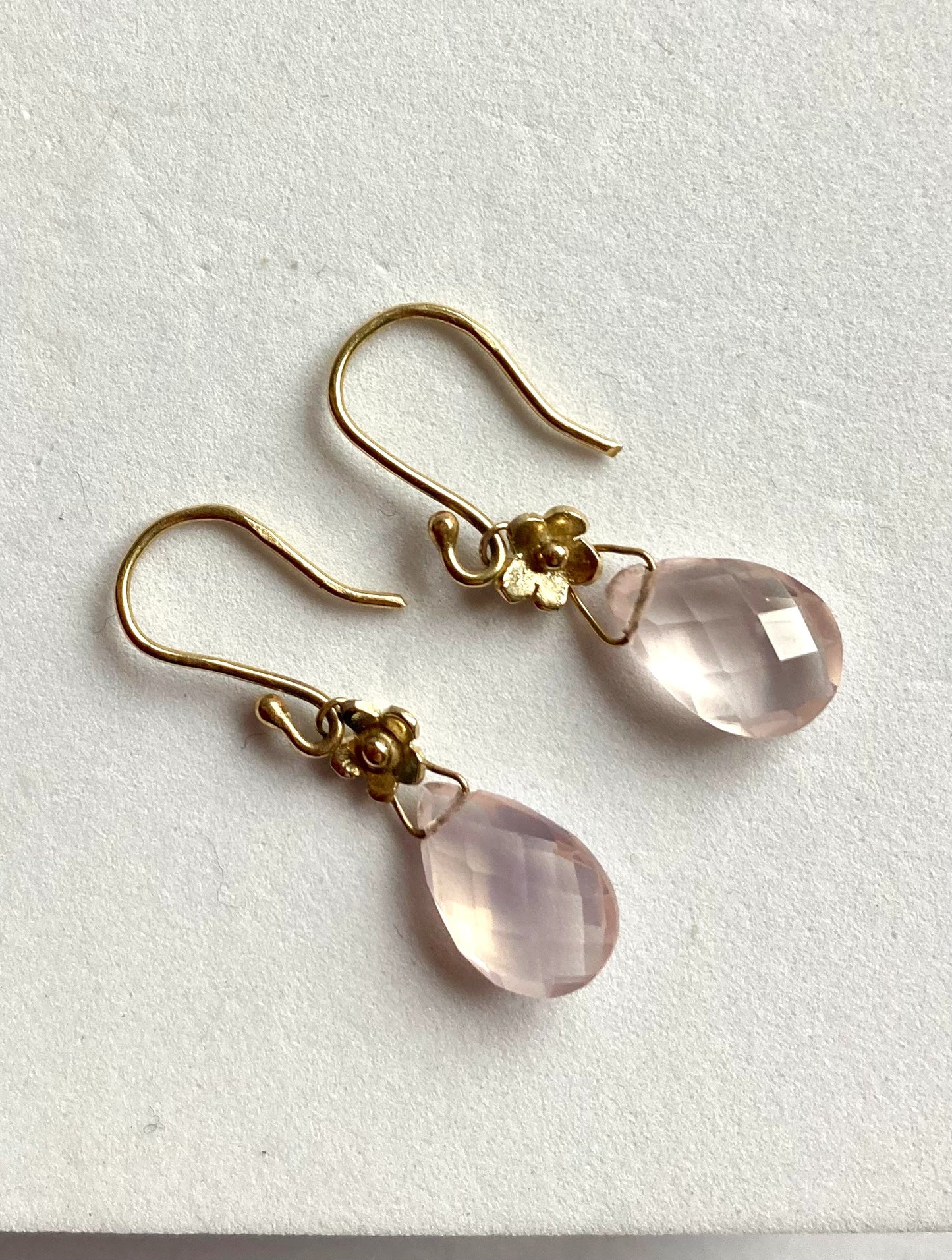 Gold Rose Quartz Briolette Floral Daisy Drop Earrings