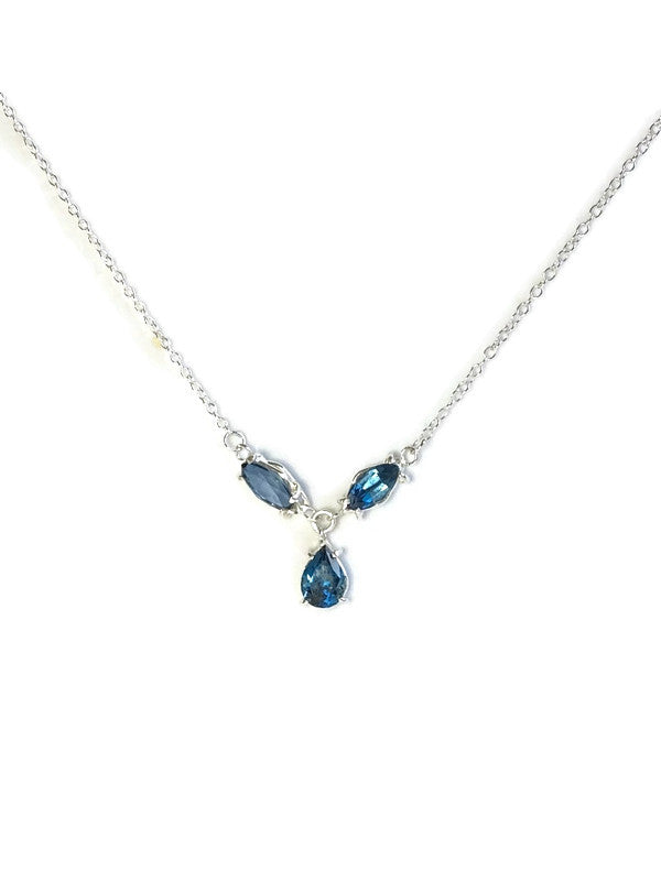Kim Styles silver necklace with three London blue topaz gemstones on a white background
