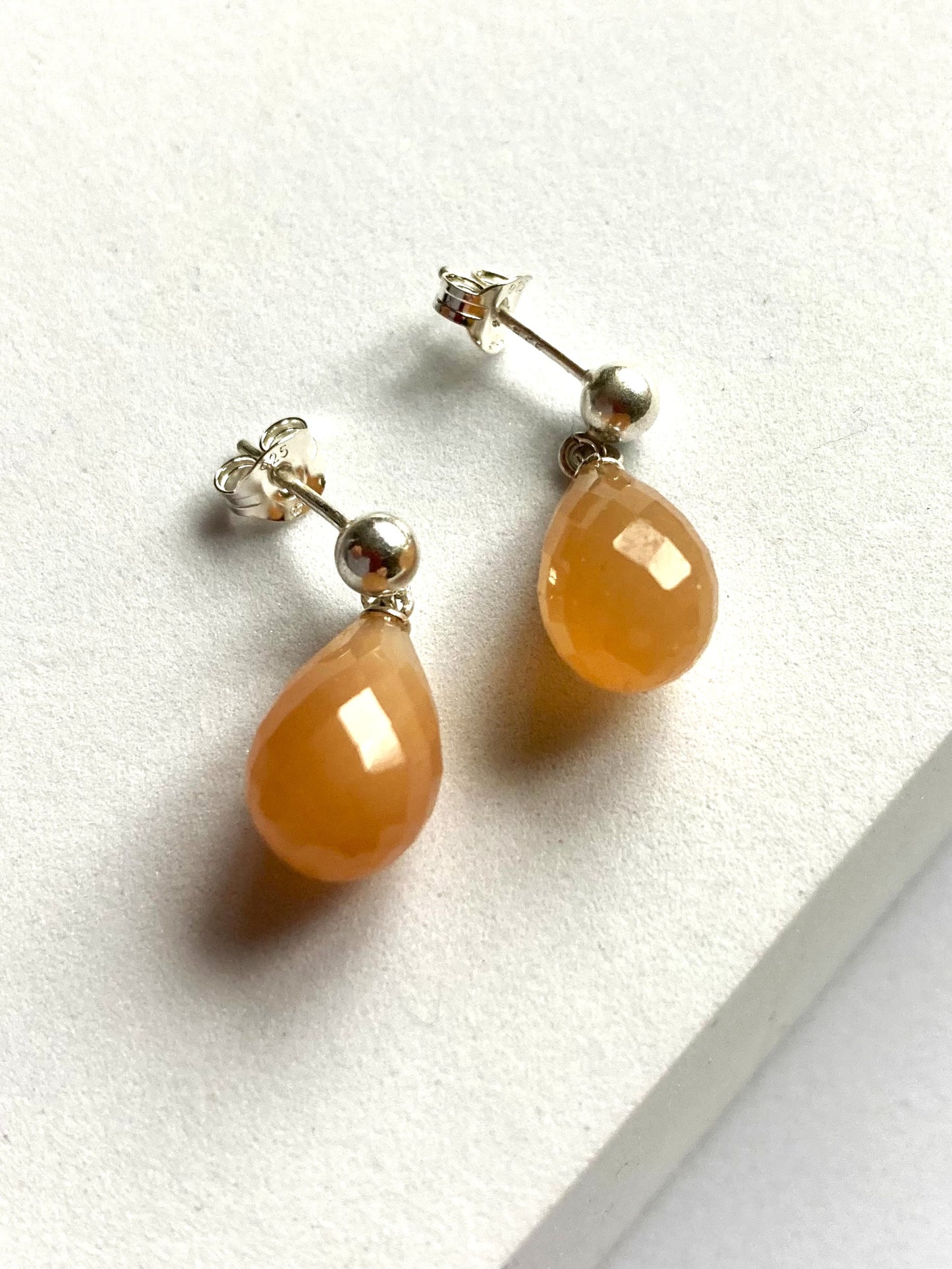 Peach Moonstone Briolette stud Drop Earrings