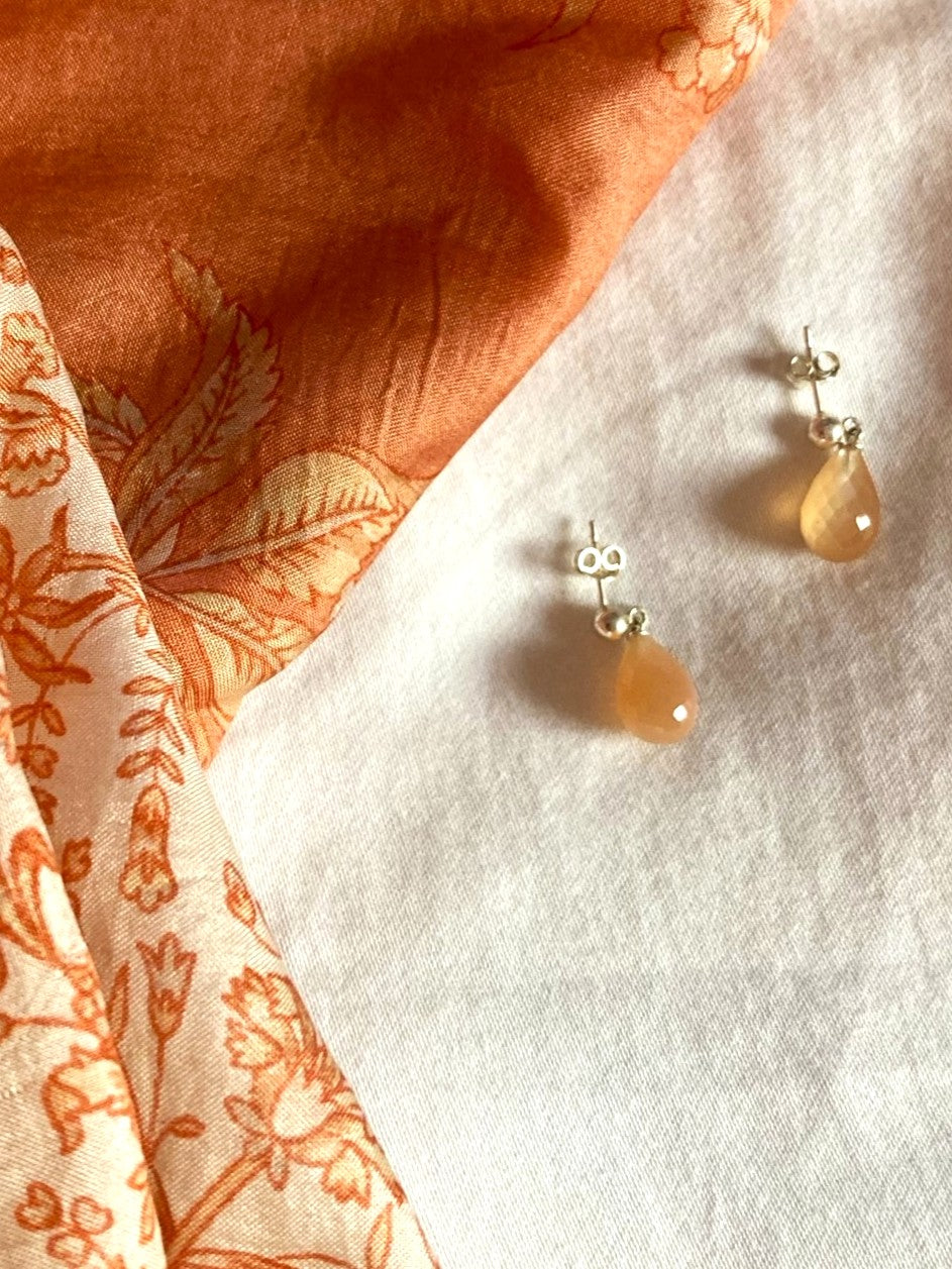 Peach Moonstone Briolette Drop Stud Earrings