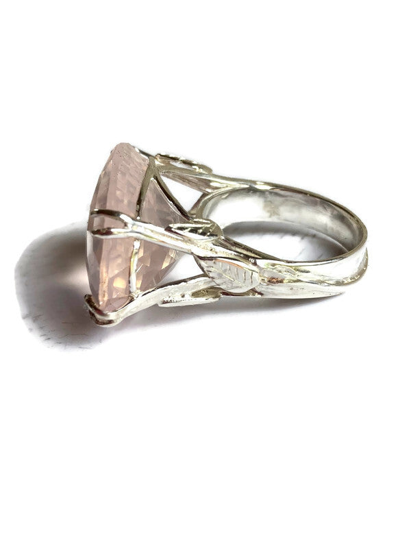 Fabulous Chequerboard Cut Rose Quartz Cocktail Ring with Leaf Details