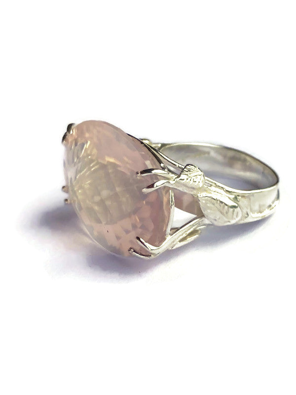Fabulous Chequerboard Cut Rose Quartz Cocktail Ring with Leaf Details