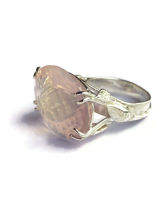 Fabulous Chequerboard Cut Rose Quartz Cocktail Ring with Leaf Details