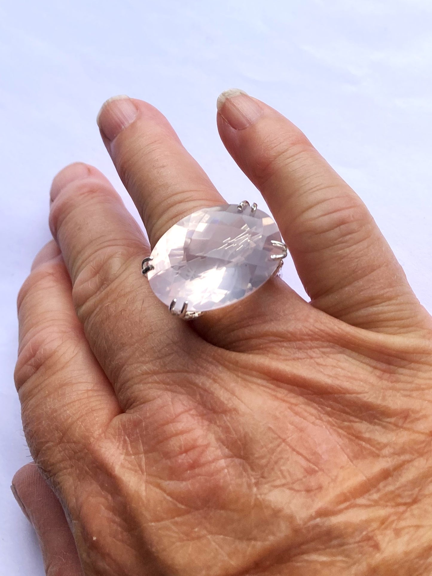 Fabulous Chequerboard Cut Rose Quartz Cocktail Ring with Leaf Details