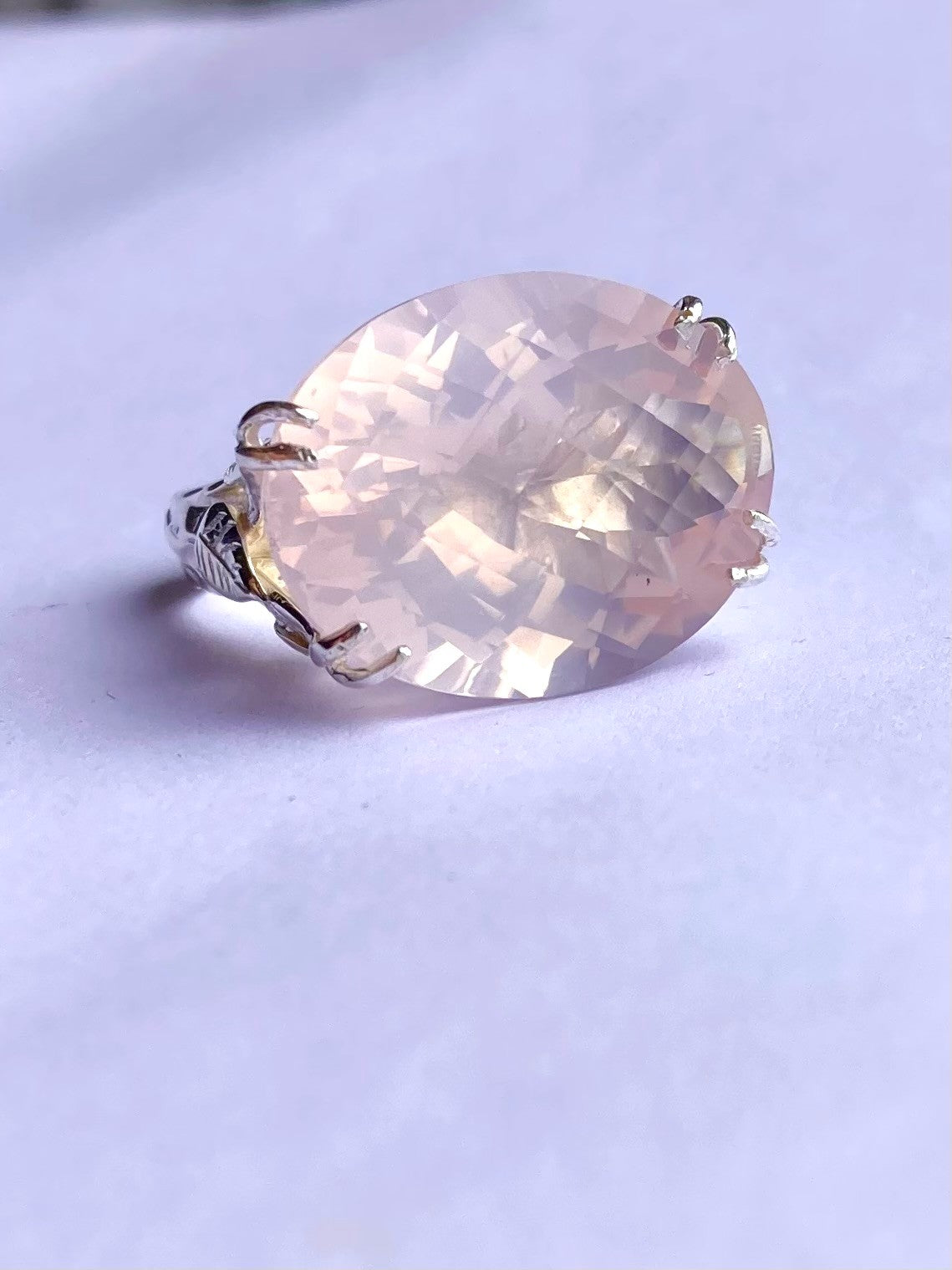 Fabulous Chequerboard Cut Rose Quartz Cocktail Ring with Leaf Details