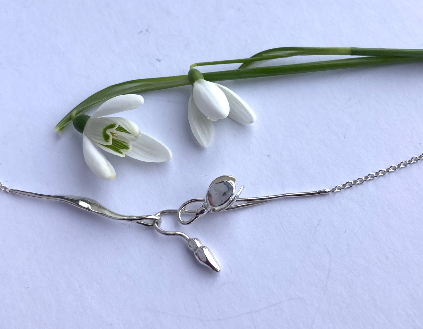 Unusual Dainty Draped Snowdrop Sculpture Necklace