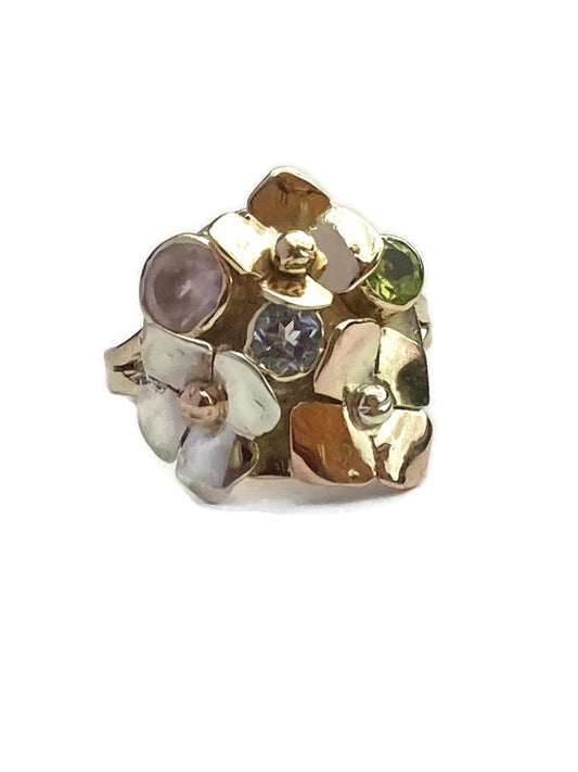Three Colour Gold Hydrangea Floral Ring with Pastel Gemstones - handmade one of a kind