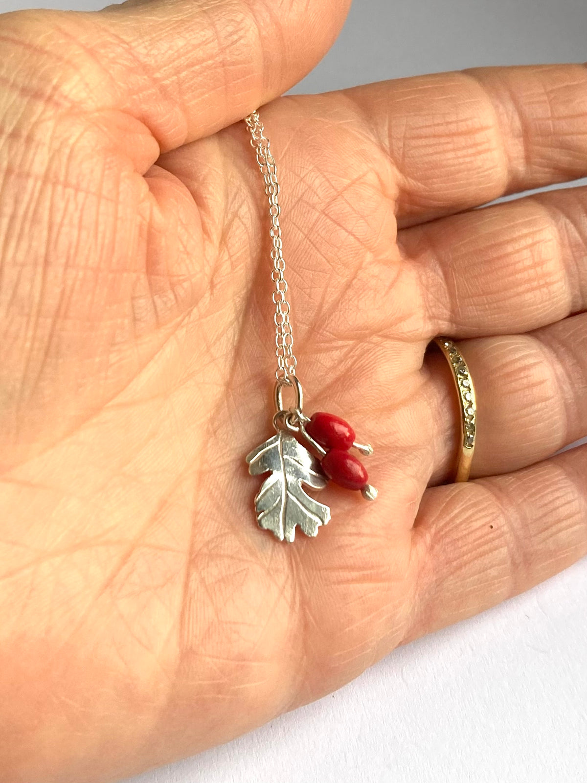 Greenwood Collection Small Hawthorne Leaf and Red Berries Pendant Necklace