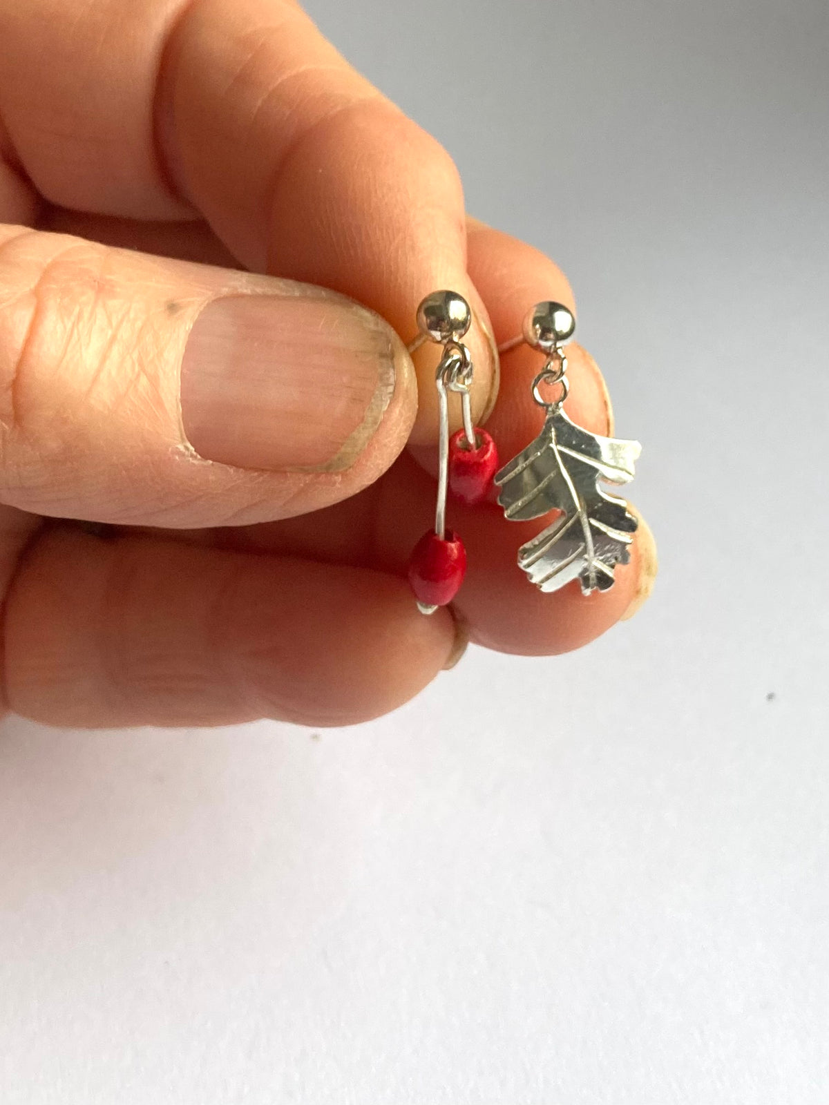 Greenwood Collection Mismatched Hawthorne Leaf Stud Earrings with Red Berries