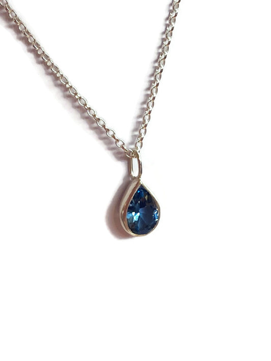 Blue gemstone London blue topaz pear shape hand made pendant by Kim Styles, set in silver on 18in silver chain, pretty summer blue jewellery