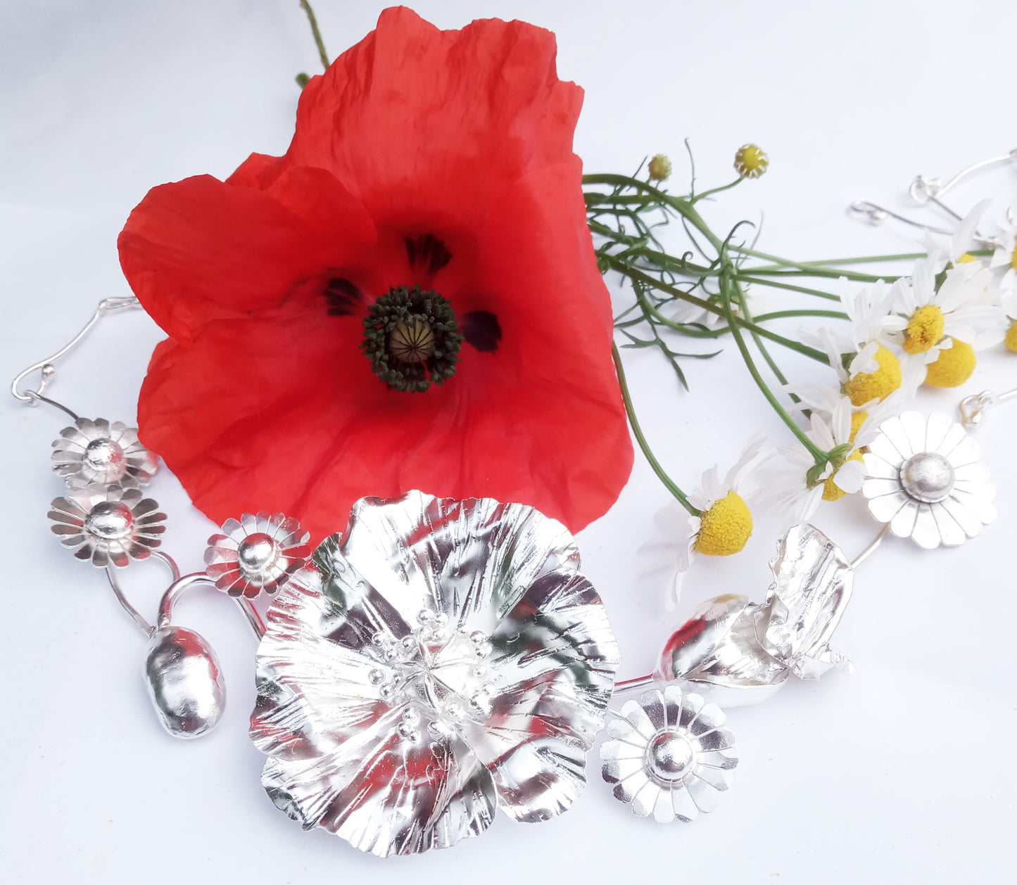 real poppy and daisies with handmade silver poppy and daisy life size necklace