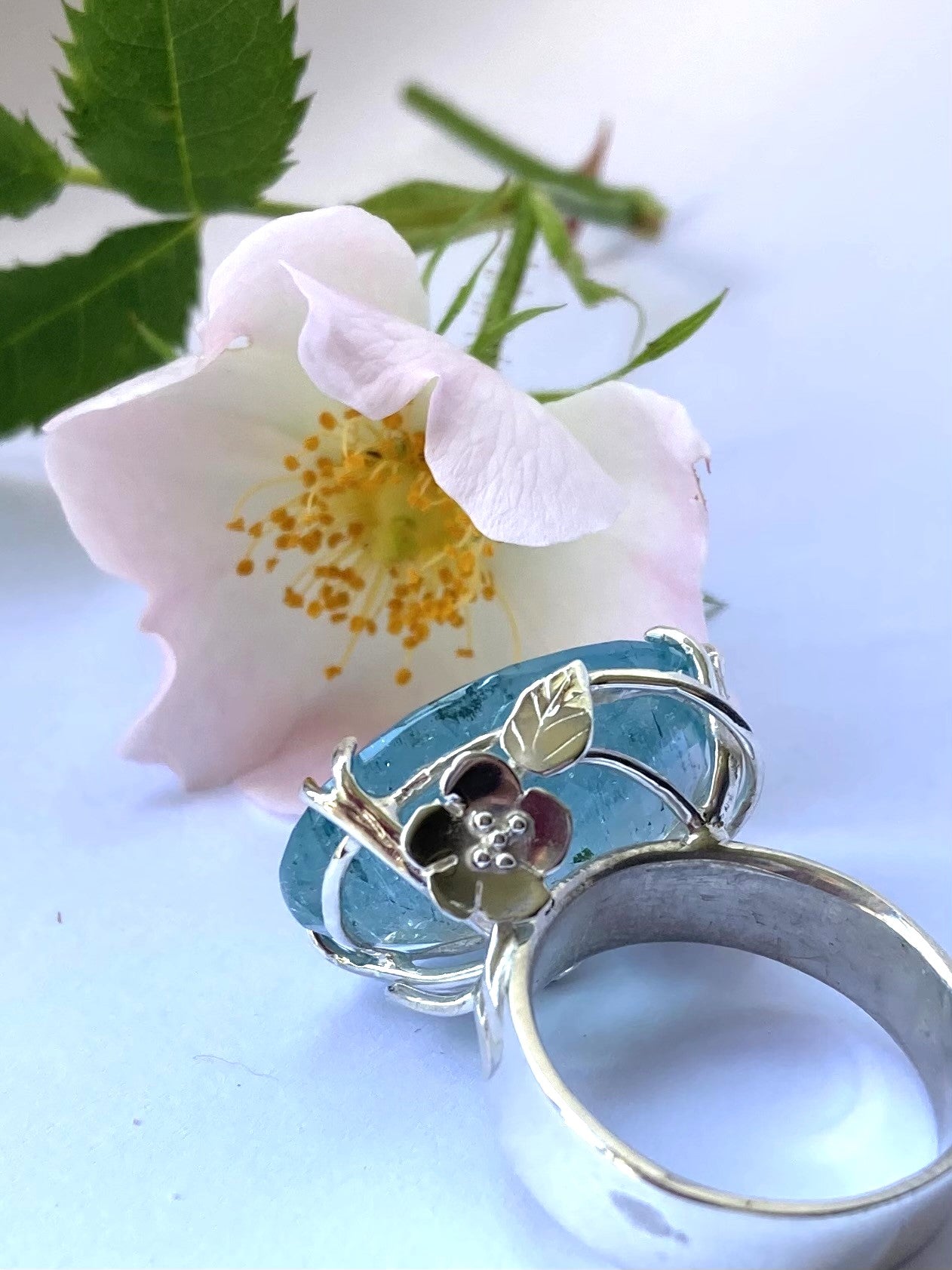 real wild rose with flower detail aquamarine silver ring