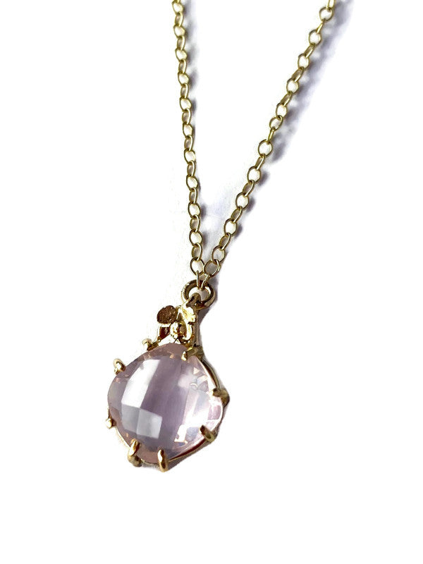 Pretty Pink Rose Quartz Chequerboard Cushion Floral Gold Pendant