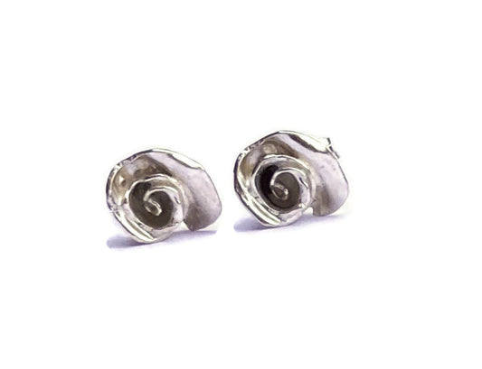 dainty silver rosebud stud earrings by Kim Styles Jewellery, on white background