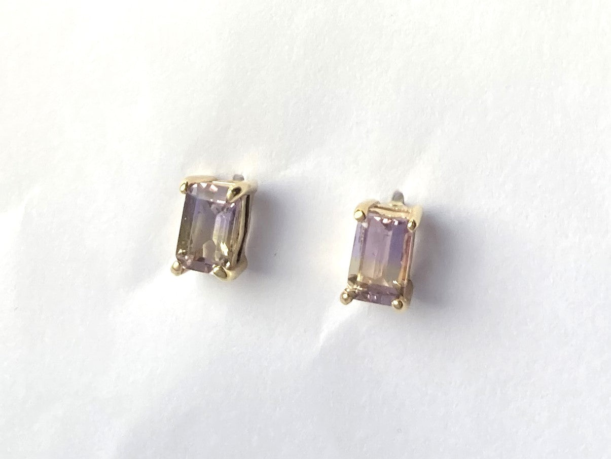 purple and yellow ametrine oblong std gold earrings