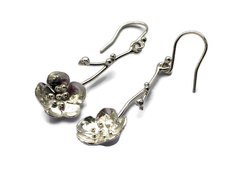 cherry blossom twig dangly earring pair, on white background