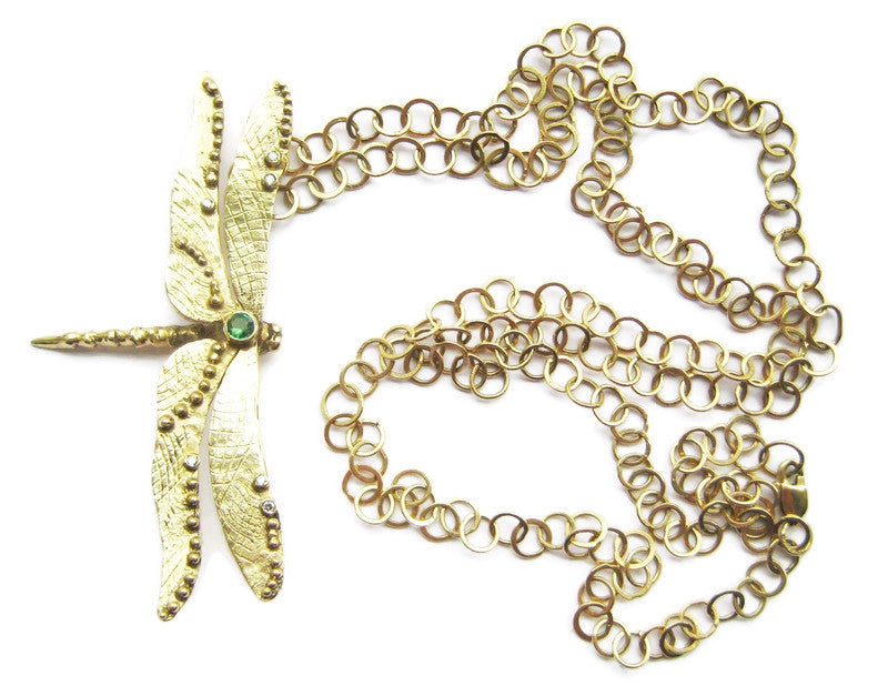 Darting gold diamond and emerald Dragonfly necklace