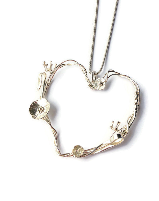 Large Meadow flowers heart pendant hand made in sterling silver