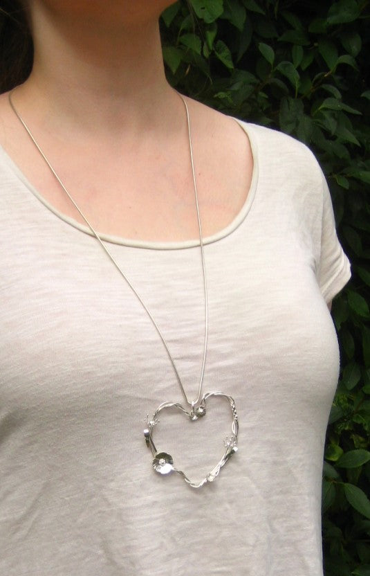 Large Meadow flowers heart pendant hand made in sterling silver
